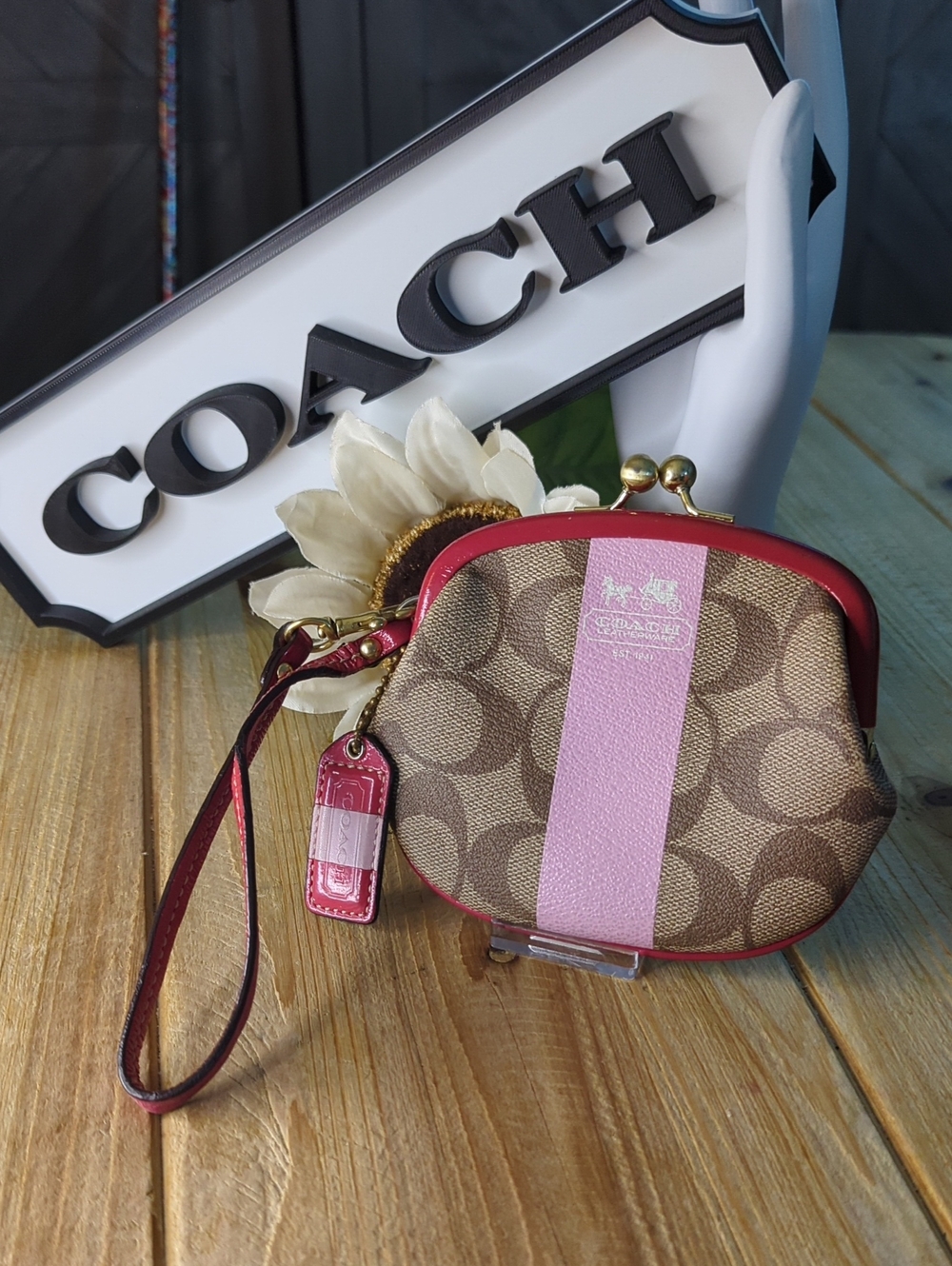 Coach Signature Canvas Kisslock Wristlet- Pink Patent Trim & Tattersall Interior - Picture 1 of 8